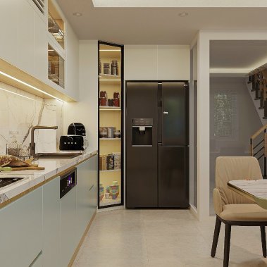 TỦ BẾP 53 - TỦ BẾP GỖ MDF PHỦ MELAMINE PHỐI CÁNH KÍNH