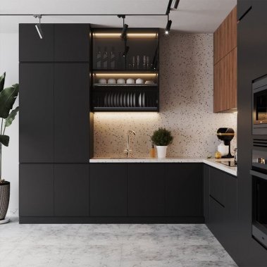 TỦ BẾP 13 - TỦ BẾP TONE XÁM PHỐI GỖ CHỐNG ẨM