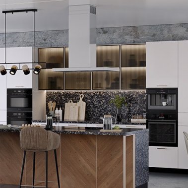 TỦ BẾP 150 - GỖ MDF PHỦ MELAMINE KẾT HỢP CÁNH NHÔM KÍNH