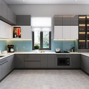 TỦ BẾP 61 - TỦ BẾP KỊCH TRẦN ACRYLIC TRẮNG PHỐI XÁM