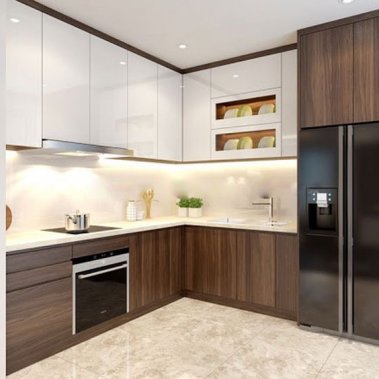 TỦ BẾP 56 - TỦ BẾP KỊCH TRẦN ACRYLIC TRẮNG PHỐI MELAMINE VÂN GỖ