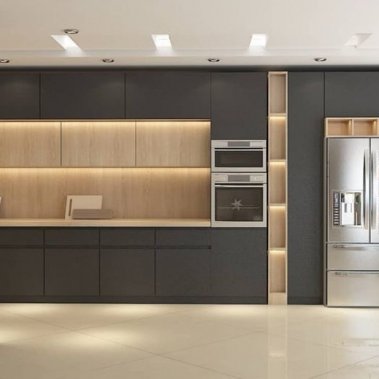 TỦ BẾP 44 - TỦ BẾP KỊCH TRẦN MELAMINE XÁM PHỐI VÂN GỖ