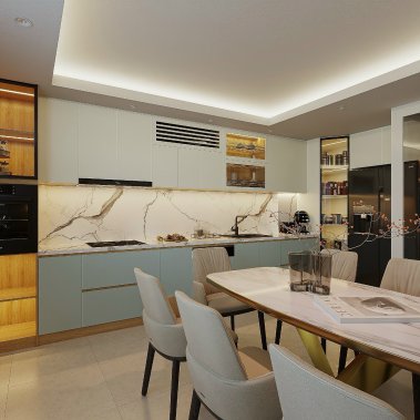 TỦ BẾP 144  - TỦ GỖ MDF PHỦ MELAMINE KẾT HỢP CÁNH NHÔM KÍNH