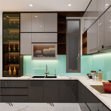 TỦ BẾP 141 - BẾP CHỮ L GỖ MDF PHỦ ACRYLIC