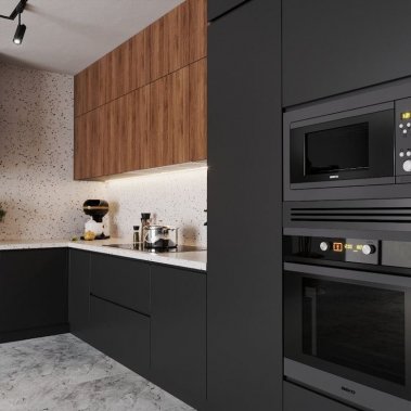 TỦ BẾP 13 - TỦ BẾP TONE XÁM PHỐI GỖ CHỐNG ẨM