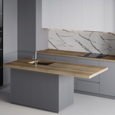 TỦ BẾP 122 BÀN ĐẢO TONE XÁM PHỐI GỖ