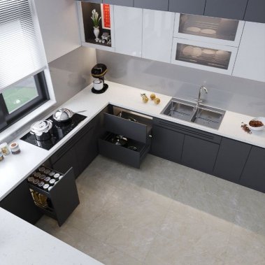 TỦ BẾP 60 - TỦ BẾP VÀ QUẦY BAR GỖ MDF PHỦ MELAMINE XÁM PHỐI TRẮNG