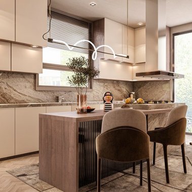 TỦ BẾP 120 LAMINATE TONE NÂU PHỐI ĐÁ SANG TRỌNG