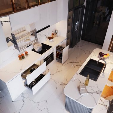 TỦ BẾP 14 - TỦ BẾP MELAMINE CÁNH KÍNH GỖ MDF CHỐNG ẨM