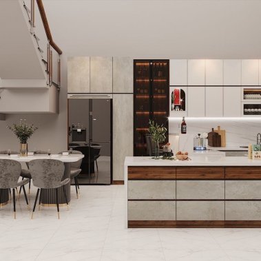 TỦ BẾP 113 - TỦ BẾP MELAMINE MÀU TRẮNG PHỐI MÀU BÊ TÔNG