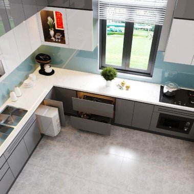 TỦ BẾP 61 - TỦ BẾP KỊCH TRẦN ACRYLIC TRẮNG PHỐI XÁM