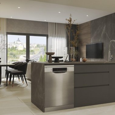 TỦ BẾP 105 - TỦ BẾP MELAMINE VÂN GỖ VÀ XÁM PHỐI CÁNH KÍNH