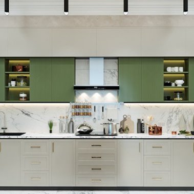 TỦ BẾP 131 LAMINATE CÁNH PANEL TONE XANH TRẮNG