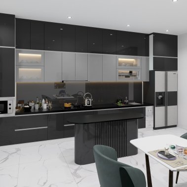 TỦ BẾP 143 - TỦ BẾP CHỮ L CAO KỊCH TRẦN GỖ MDF PHỦ ACRYLIC MÀU XÁM