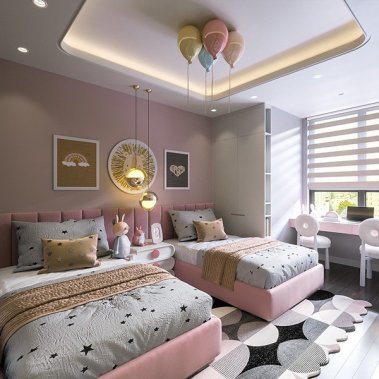 PHÒNG NGỦ BÉ GÁI GỖ MDF SƠN MÀU HỒNG