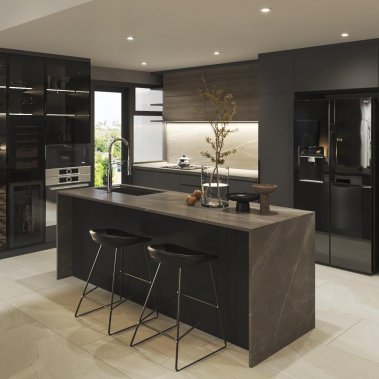 TỦ BẾP 105 - TỦ BẾP MELAMINE VÂN GỖ VÀ XÁM PHỐI CÁNH KÍNH