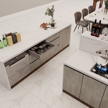 TỦ BẾP 113 - TỦ BẾP MELAMINE MÀU TRẮNG PHỐI MÀU BÊ TÔNG