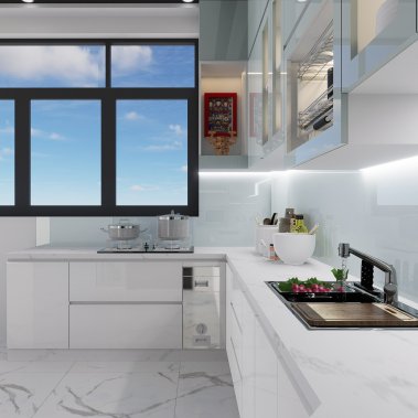 TỦ BẾP 146 - BẾP CHỮ U GỖ MDF PHỦ ACRYLIC