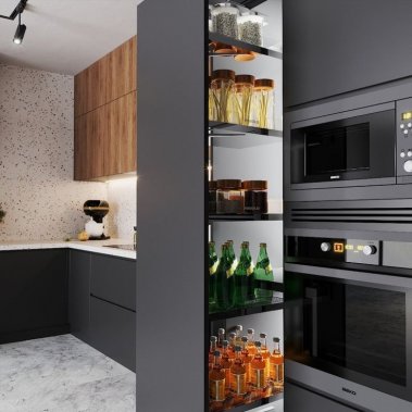 TỦ BẾP 13 - TỦ BẾP TONE XÁM PHỐI GỖ CHỐNG ẨM