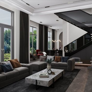 NỘI THẤT PHÒNG KHÁCH 15 - GỖ MDF CHỐNG ẨM TONE MÀU XÁM