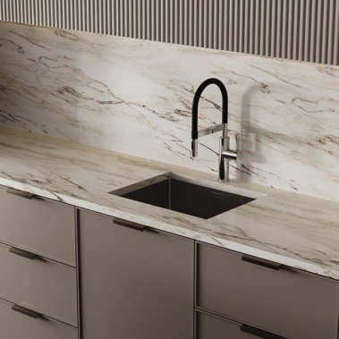 TỦ BẾP 115 - TỦ BẾP PANEL SƠN MÀU NÂU PHỐI CÁNH KÍNH