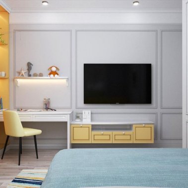 NỘI THẤT PHÒNG NGỦ 15 - GỖ MDF CHỐNG ẨM CHẠY PANEL TONE MÀU TRẮNG PHỐI VÀNG