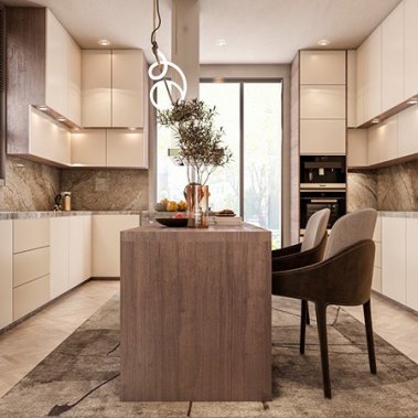 TỦ BẾP 120 LAMINATE TONE NÂU PHỐI ĐÁ SANG TRỌNG