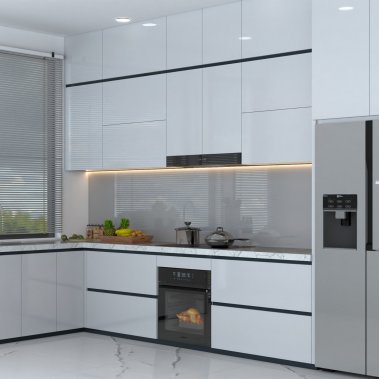 TỦ BẾP 142 - BẾP CHỮ L CAO KỊCH TRẦN GỖ MDF PHỦ ACRYLIC BÓNG GƯƠNG MÀU TRẮNG