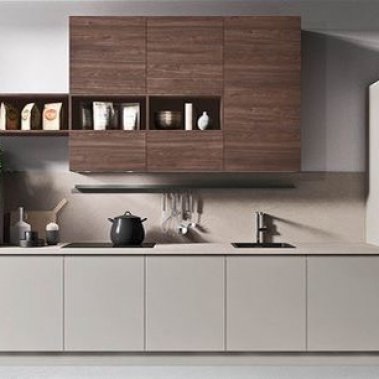 TỦ BẾP 48 - TỦ BẾP GỖ MDF MÀU XÁM PHỐI VÂN GỖ