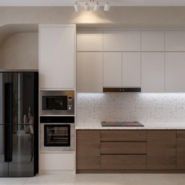 TỦ BẾP 104 - TỦ BẾP MELAMINE TRẮNG PHỐI VÂN GỖ