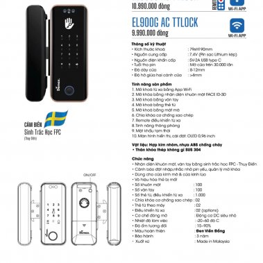 Khóa cửa kính nhận diện khuôn mặt Face ID-3D EL900G AC / EL900G BL TTLOCK