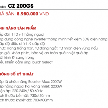 BẾP HỒNG NGOẠI ĐIỆN TỪ CANZY CZ-200GS