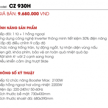 BẾP ĐÔI ĐIỆN TỪ HỒNG NGOẠI CANZY CZ 930H