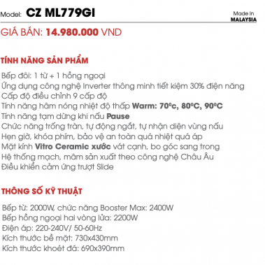 Bếp Từ Hồng Ngoại CANZY CZ ML779GI - Made in Malaysia - Tặng Bộ Nồi