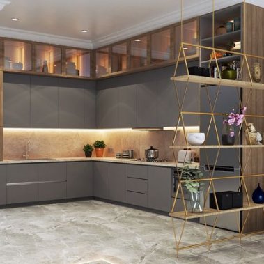 Tủ bếp chữ L, cánh Acrylic bóng gương