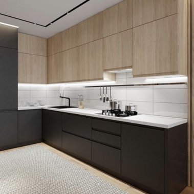 Tủ bếp chữ L, cánh Acrylic bóng gương