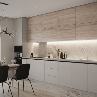 Tủ bếp chữ L, cánh Acrylic bóng gương