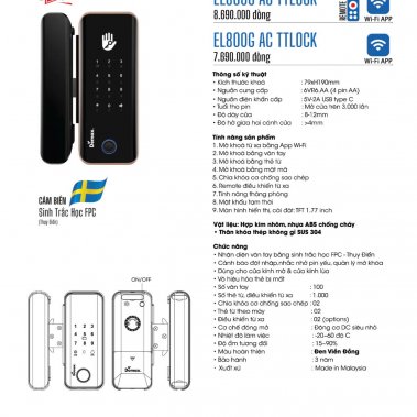 Khóa vân tay cửa kính Demax EL800G AC / EL800G BL App Wifi 