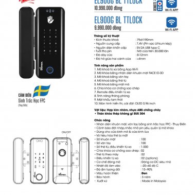 Khóa cửa kính nhận diện khuôn mặt Face ID-3D EL900G AC / EL900G BL TTLOCK