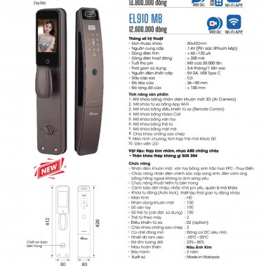 Khóa cửa thông minh Demax EL910 MB / EL910 GS Face ID, App wifi CN Đức