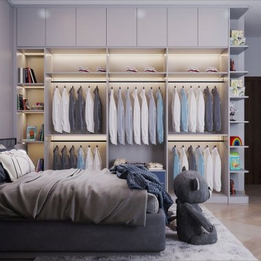 PHÒNG NGỦ CHO BÉ TRAI GỖ MDF CHỐNG ẨM SƠN MÀU XANH KẾT HỢP XÁM