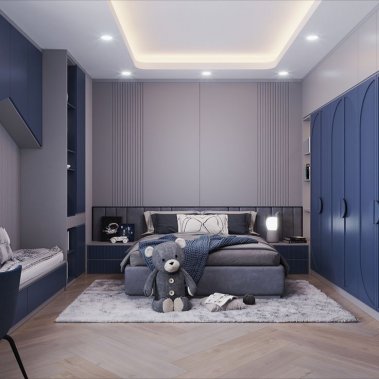 PHÒNG NGỦ CHO BÉ TRAI GỖ MDF CHỐNG ẨM SƠN MÀU XANH KẾT HỢP XÁM