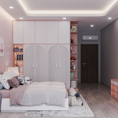 PHÒNG NGỦ CHO BÉ GÁI GỖ MDF CHỐNG ẨM SƠN MÀU HỒNG KẾT HỢP TRẮNG