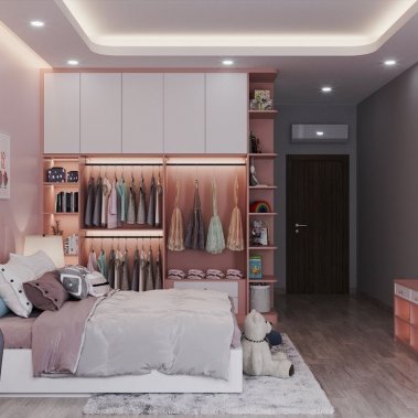 PHÒNG NGỦ CHO BÉ GÁI GỖ MDF CHỐNG ẨM SƠN MÀU HỒNG KẾT HỢP TRẮNG