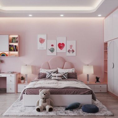 PHÒNG NGỦ CHO BÉ GÁI GỖ MDF CHỐNG ẨM SƠN MÀU HỒNG KẾT HỢP TRẮNG