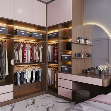 NỘI THẤT PHÒNG NGỦ 07 - GỖ MDF PHỦ MELAMINE MÀU HỒNG KẾT HỢP MÀU TRẮNG VÀ VÂN GỖ