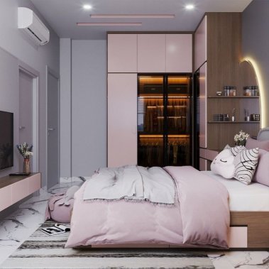 NỘI THẤT PHÒNG NGỦ 07 - GỖ MDF PHỦ MELAMINE MÀU HỒNG KẾT HỢP MÀU TRẮNG VÀ VÂN GỖ