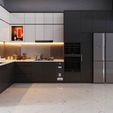 TỦ BẾP 01 - TỦ BẾP MÀU XÁM TRẮNG