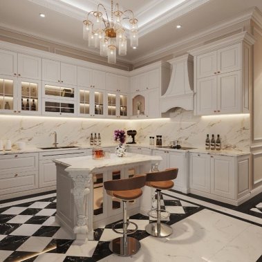 TỦ BẾP 04 - GỖ TONE TRẮNG CÁNH PANEL CỔ ĐIỂN