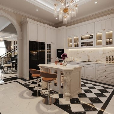 TỦ BẾP 04 - GỖ TONE TRẮNG CÁNH PANEL CỔ ĐIỂN